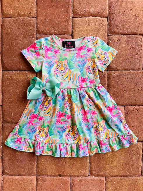 Girls Watercolor Tiger Dress with Matching Bow - Bowtism